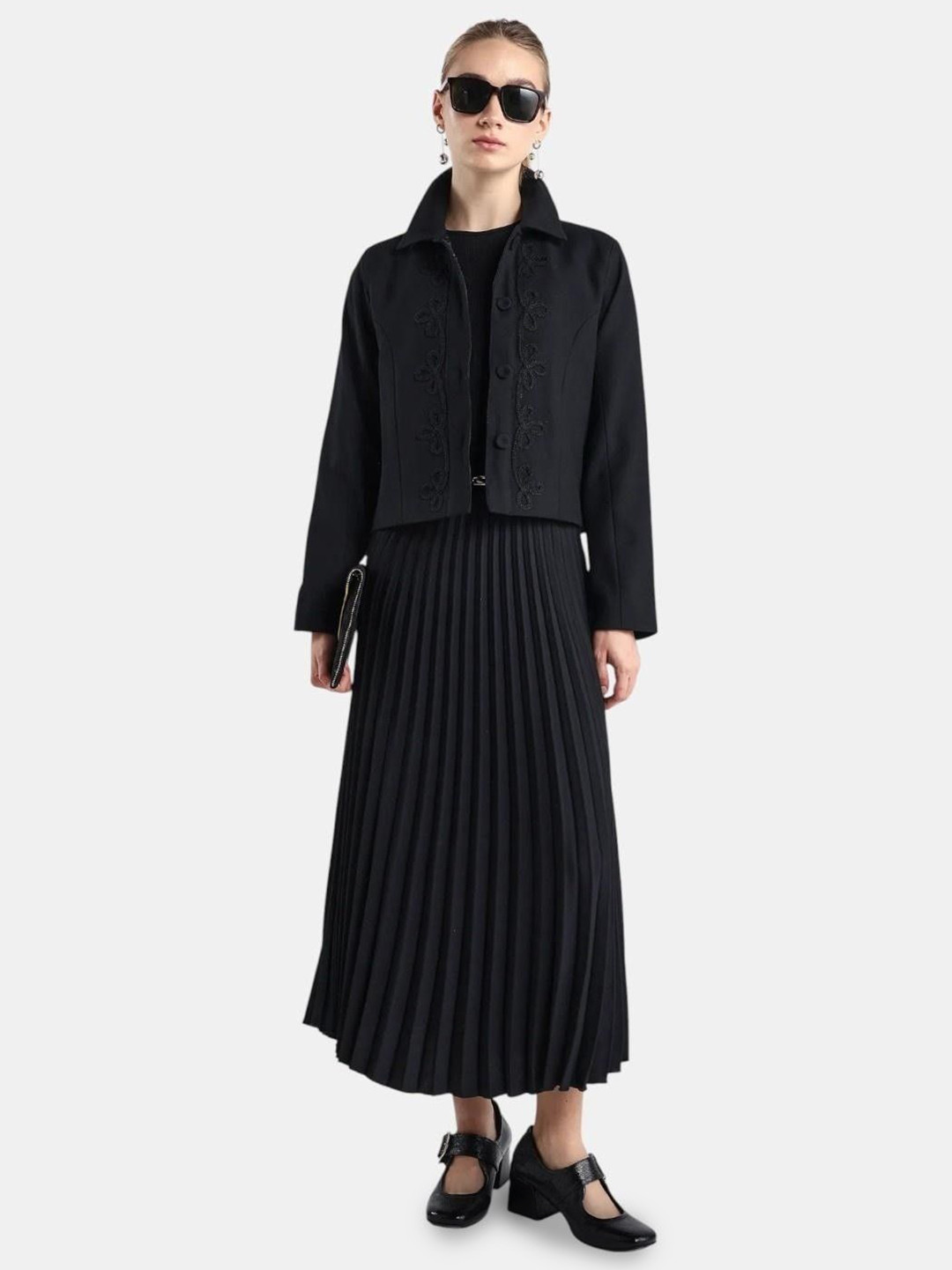 Rareism Women Black Polyester Blend Collared Neck Slim Fit Plain Jacket