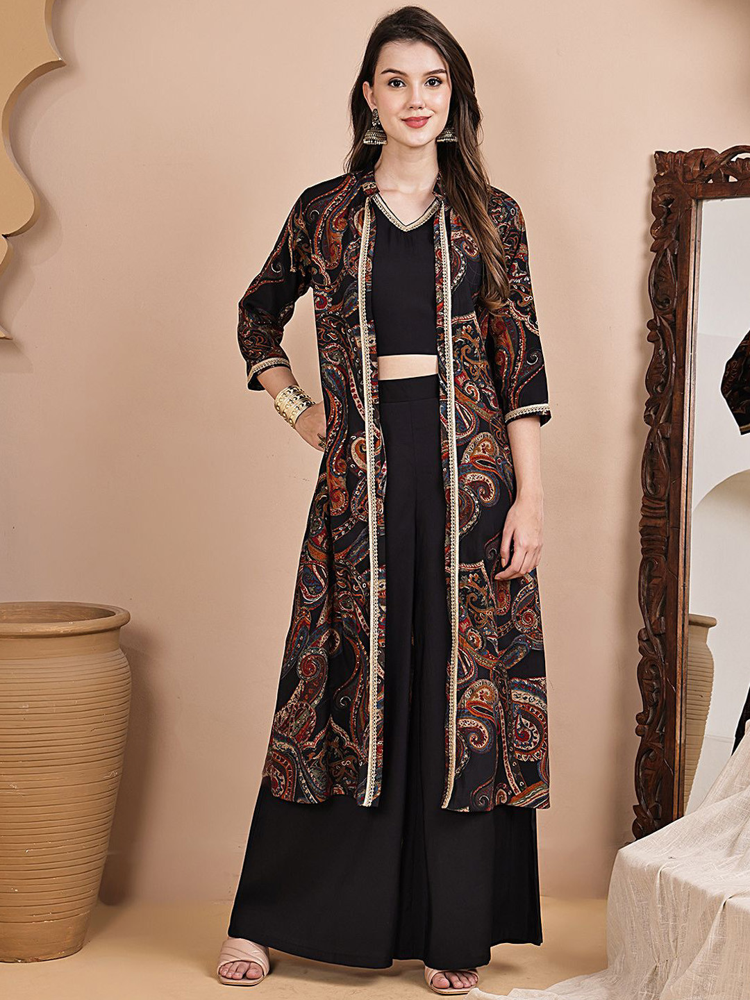 Claura V-Neck Chanderi Silk Top & Palazzo With Jacket