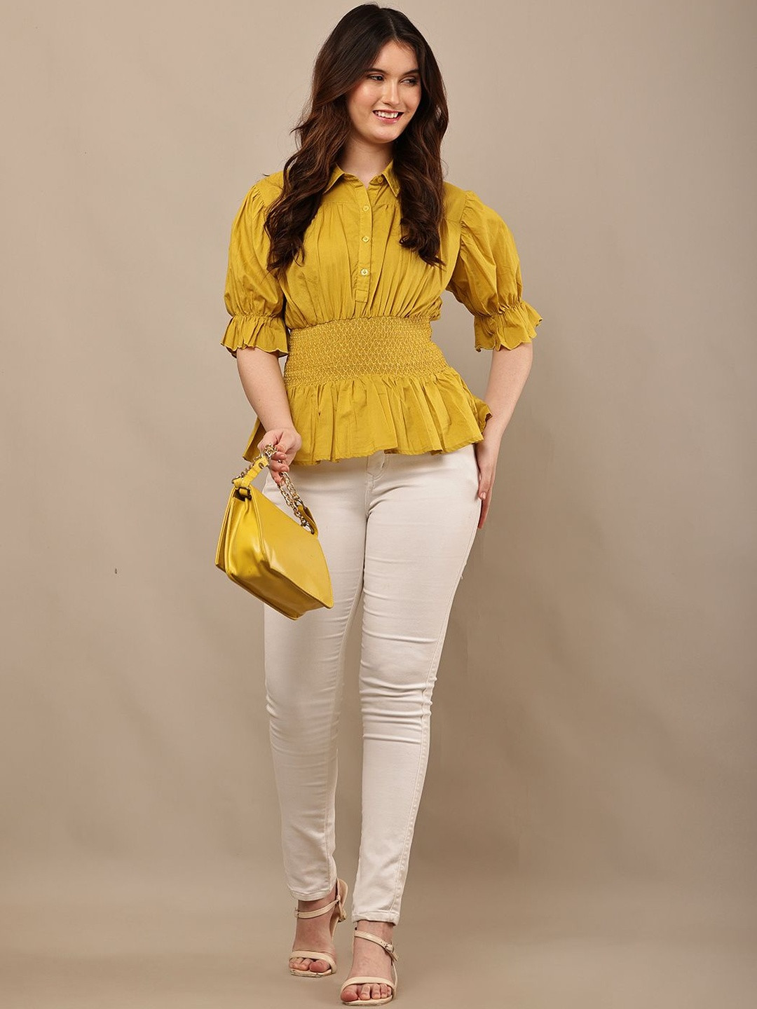 BEGUMPAN Women Smocked Puff Sleeve Shirt Collar Cotton Peplum Top