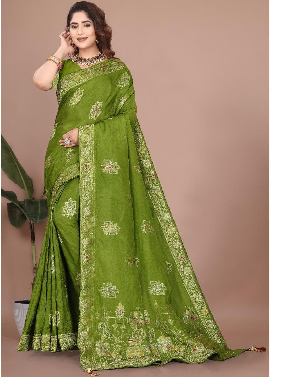 Bindi Fashion Woven Design Beads and Stones Banarasi Saree With Blouse Piece