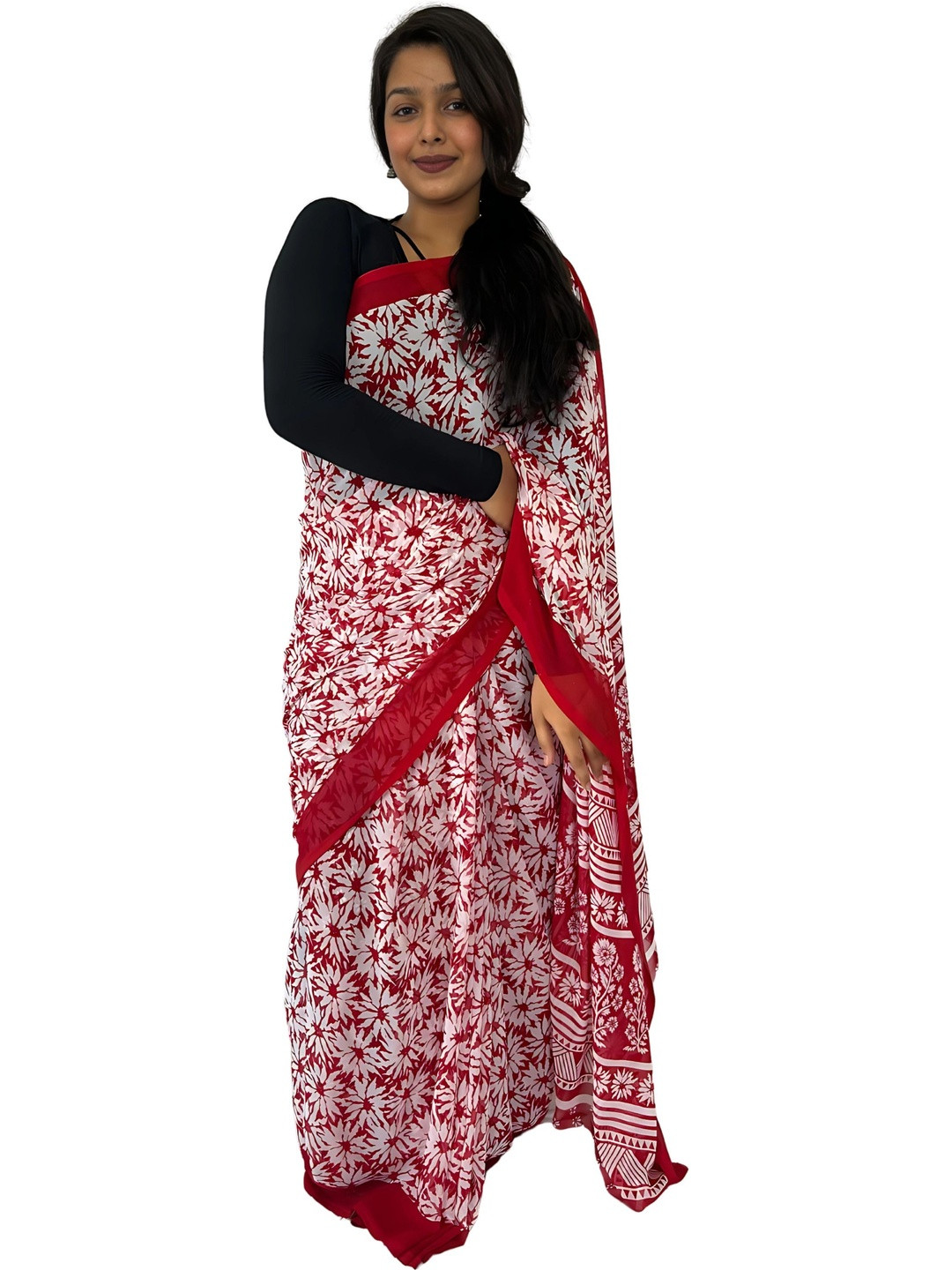 GHAN SALS Floral Print Baluchari Saree with Unstitched Blouse Piece