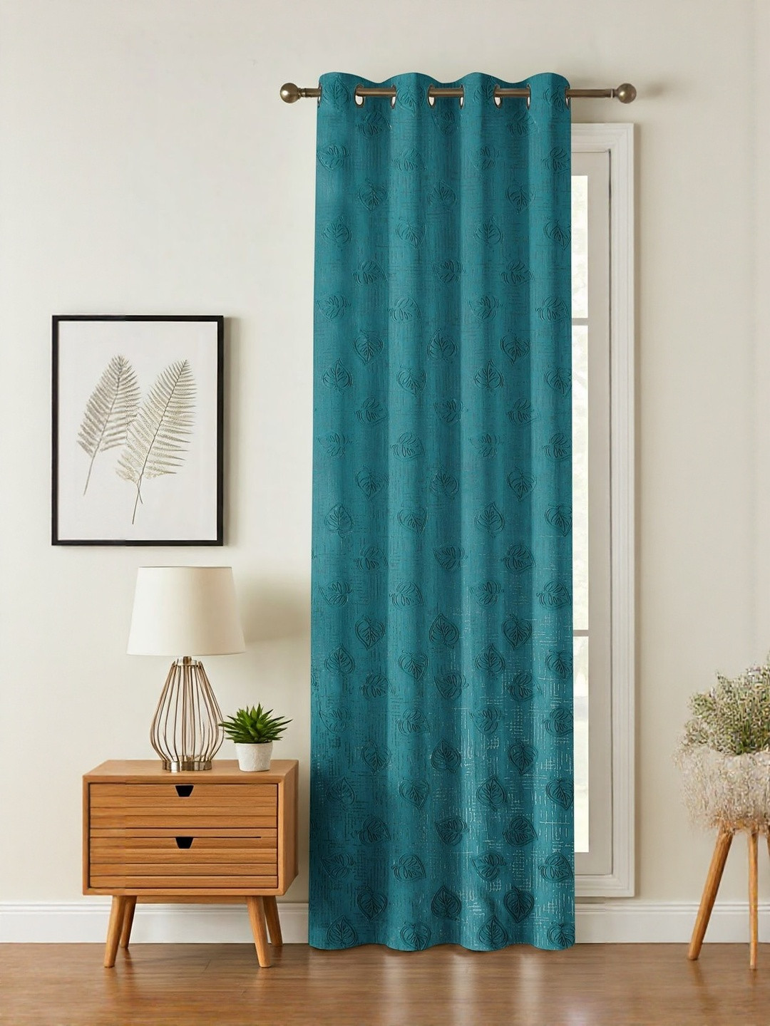 GEET CREATIONS Blue Floral Self Design Room Darkening Door Curtain