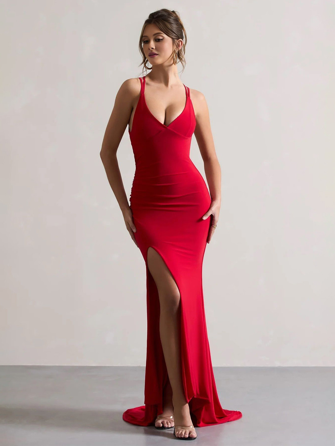 SZN Women Cherry Red Plunge Neck Backless Bodycon Maxi Dress With Slit