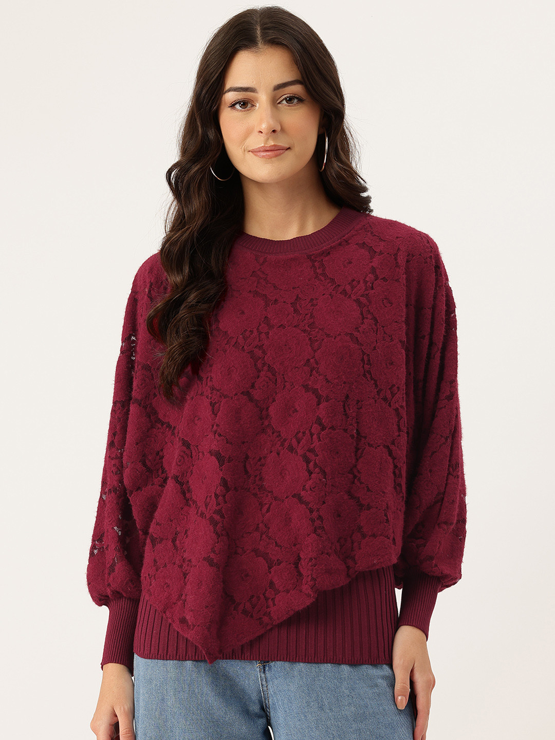 APSLEY Chevron Striped Asymmetric Poncho-Style Lace Pullover with Inner Lining