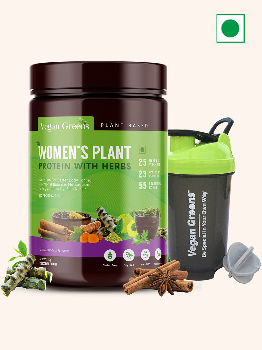 Vegan Greens Women Plant Protein With Herbs + Shaker - Chocolate Delight - 1 kg