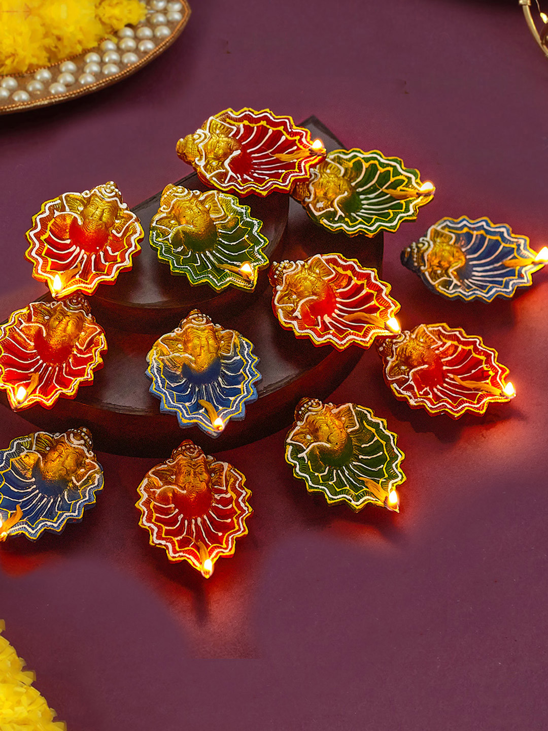 TIED RIBBONS Red & Green 12 Pieces Printed Terracotta Oil Diyas