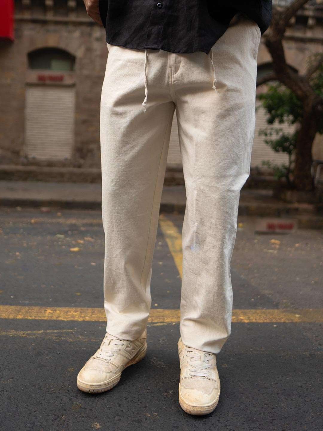 Powerlook Men Cream Cotton Mid Rise Pant Trouser