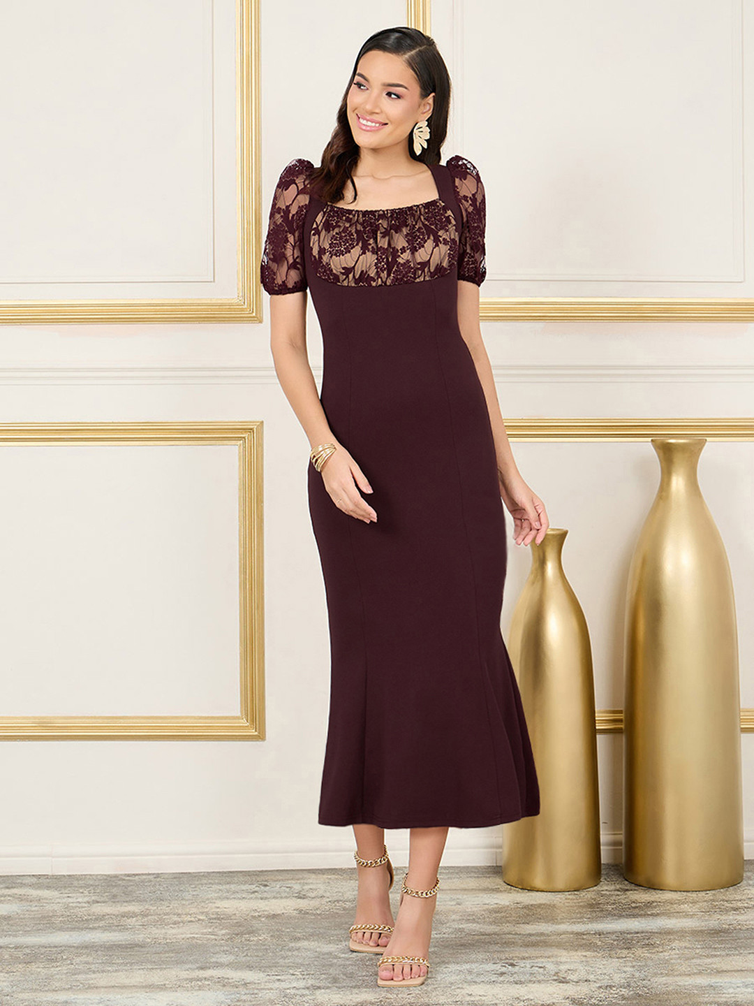 Miss Chase Women Square Neck Short Puff Sleeve Lace Overlaid Bodycon Midi Dress