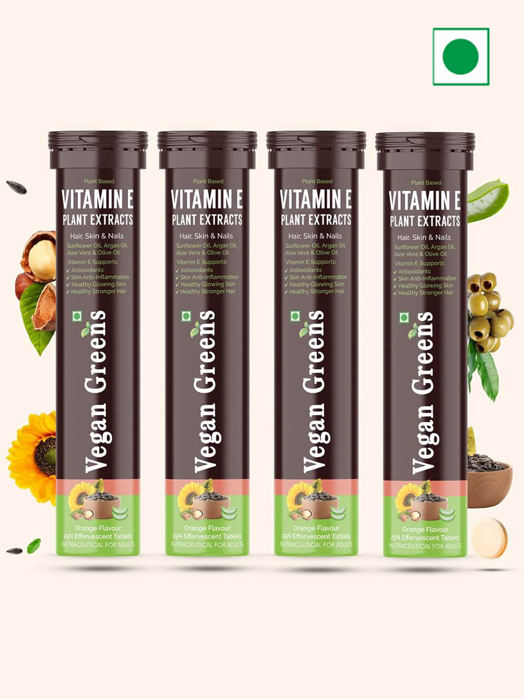 Vegan Greens Set Of 4 Plant Based Vitamin E Tablets -25 N Tablets Each- Orange Flavour