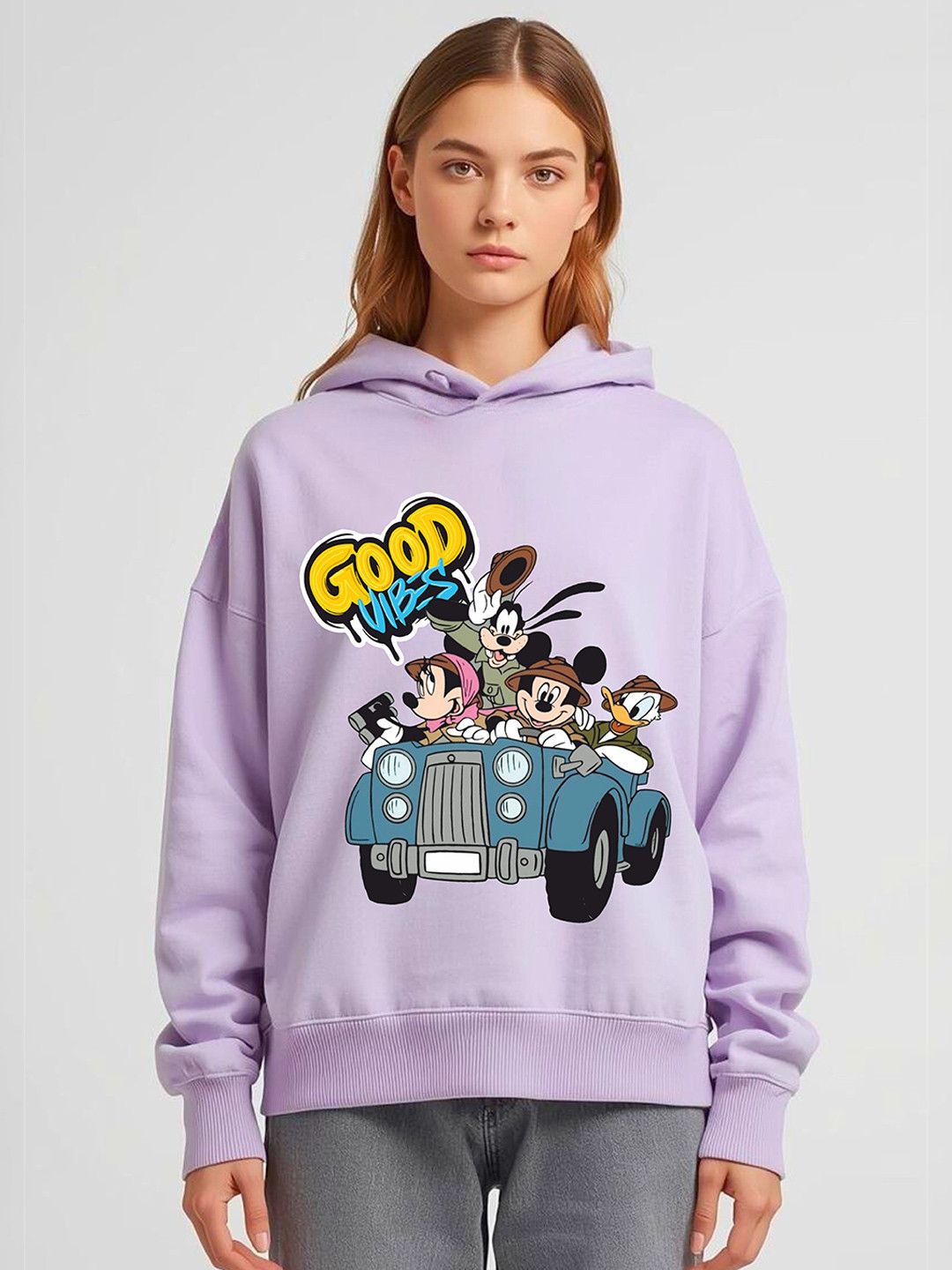 RAYACLOSET Women Oversized Graphic Printed Hooded Sweatshirt