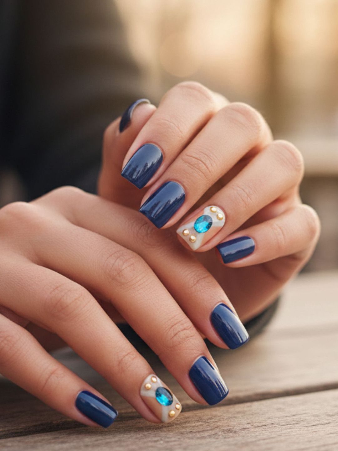 LICK  30 Pcs Reusable Glossy Dark Blue Acrylic Nail Artificial Nail Set