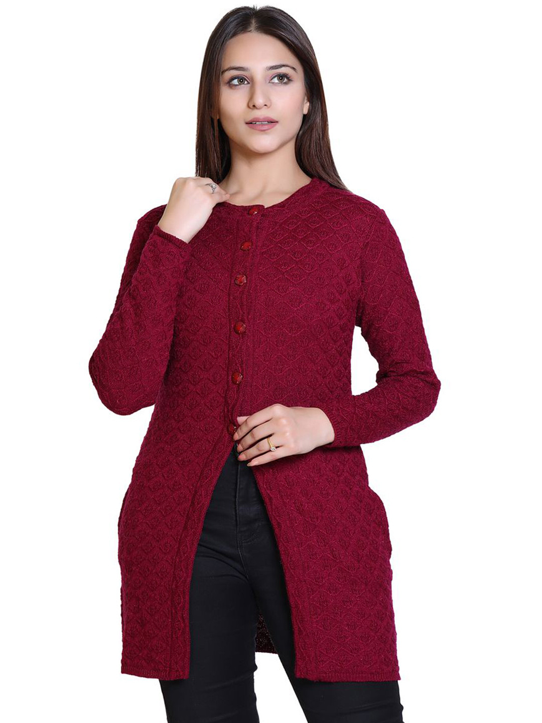 Varenyam Women Magenta Cable Knit Longline Cardigan