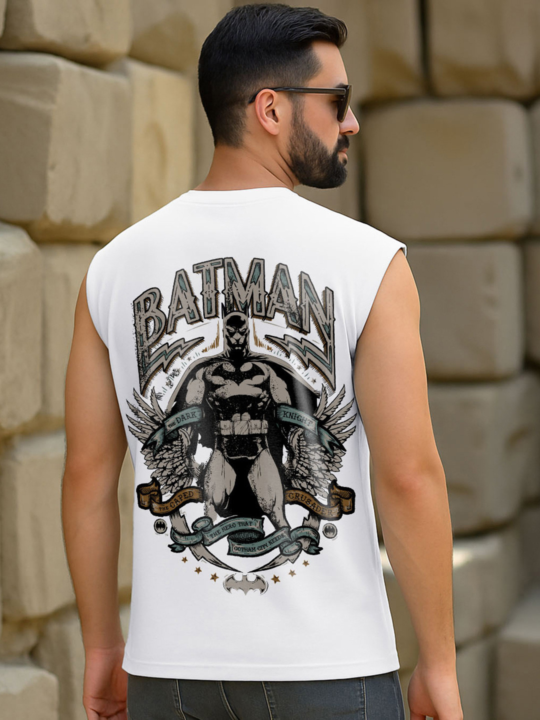Bewakoof Official Dc Merchandise Men's White The Dark Knight Graphic Printed Boxy Fit Vest