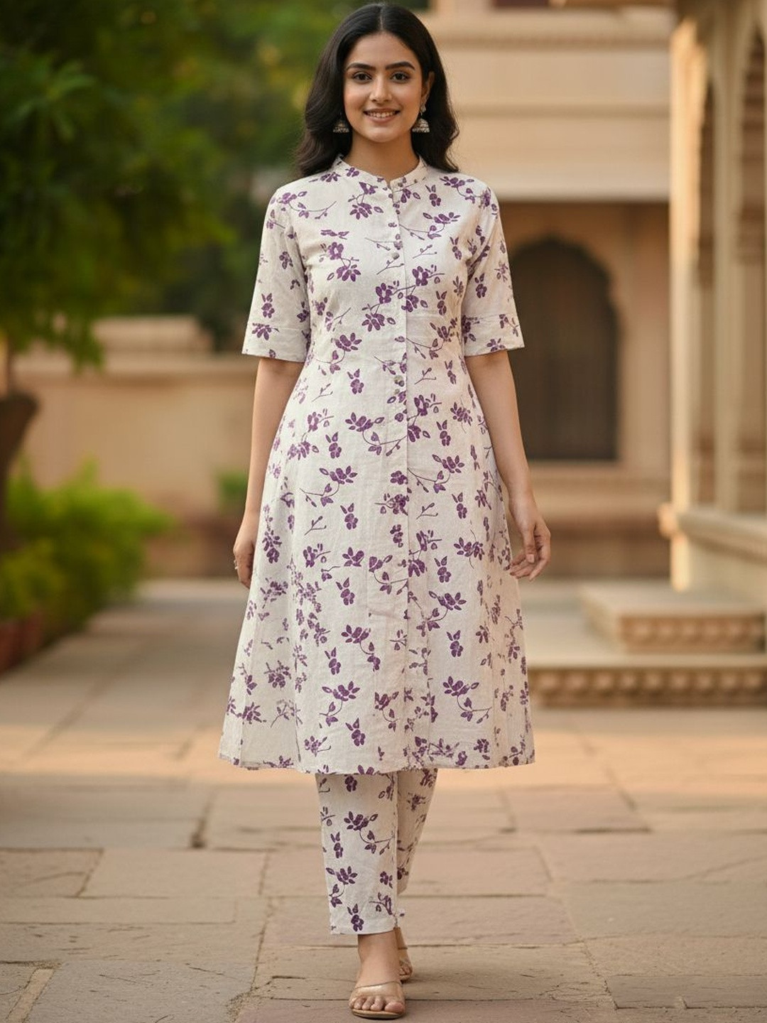Gopi Prem Women Floral Printed Cotton A-Line Kurta with Trousers