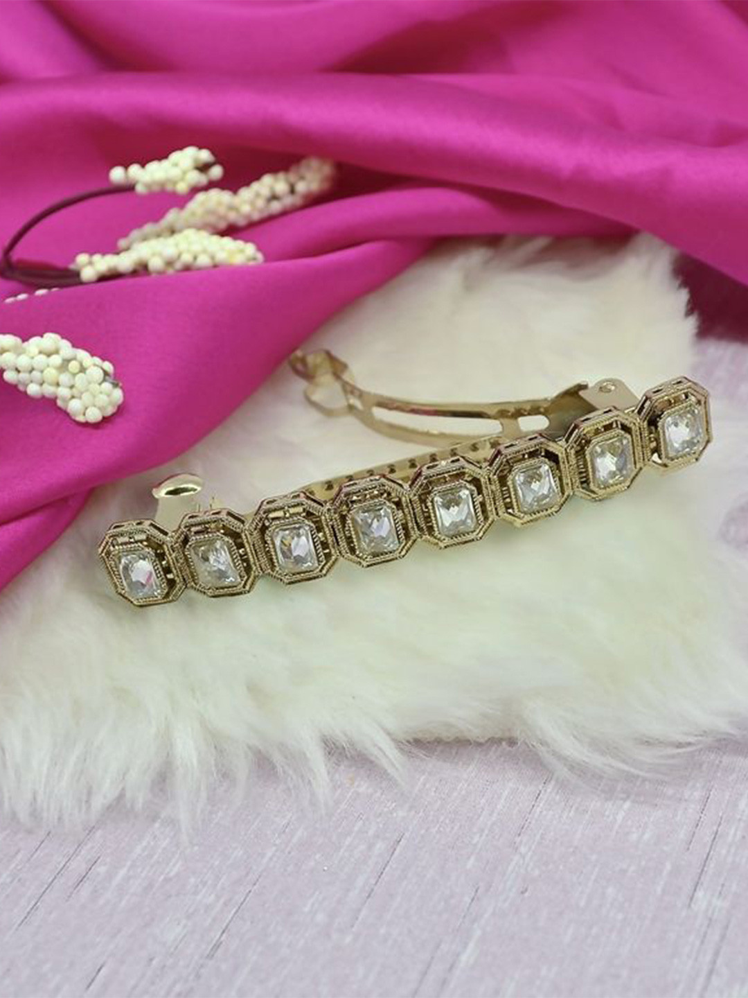 SALONI FASHION JEWELLERY Women Antique Gold Plated Uncut Kundan Stone French Barrette