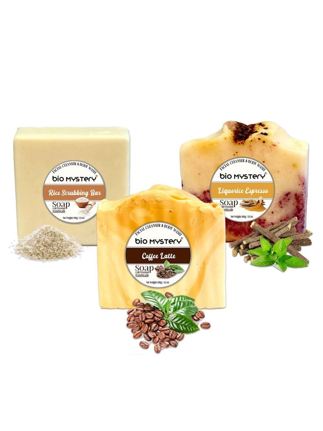 Bio Mystery Set Of 3 Natural Rice, Coffee Latte & Liquorice Soap Bar- 100 g Each