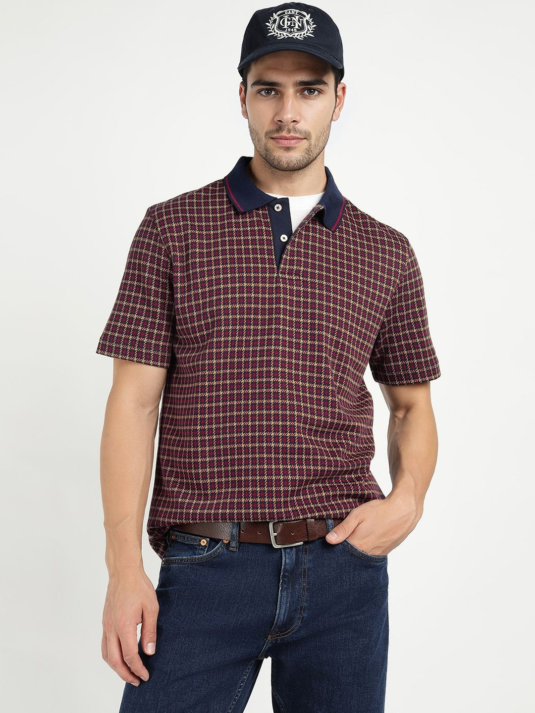 GANT Men Regular Fit Checked Printed Polo Collar Short Sleeve T-shirt