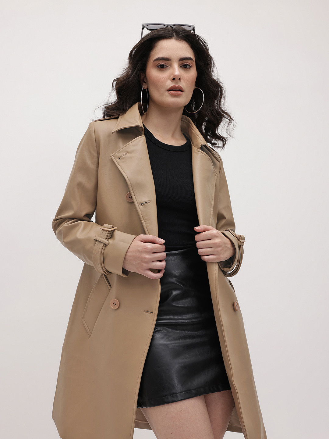 The Roadster Life Co. Double-Breasted Faux Leather Trench Coat with Belt