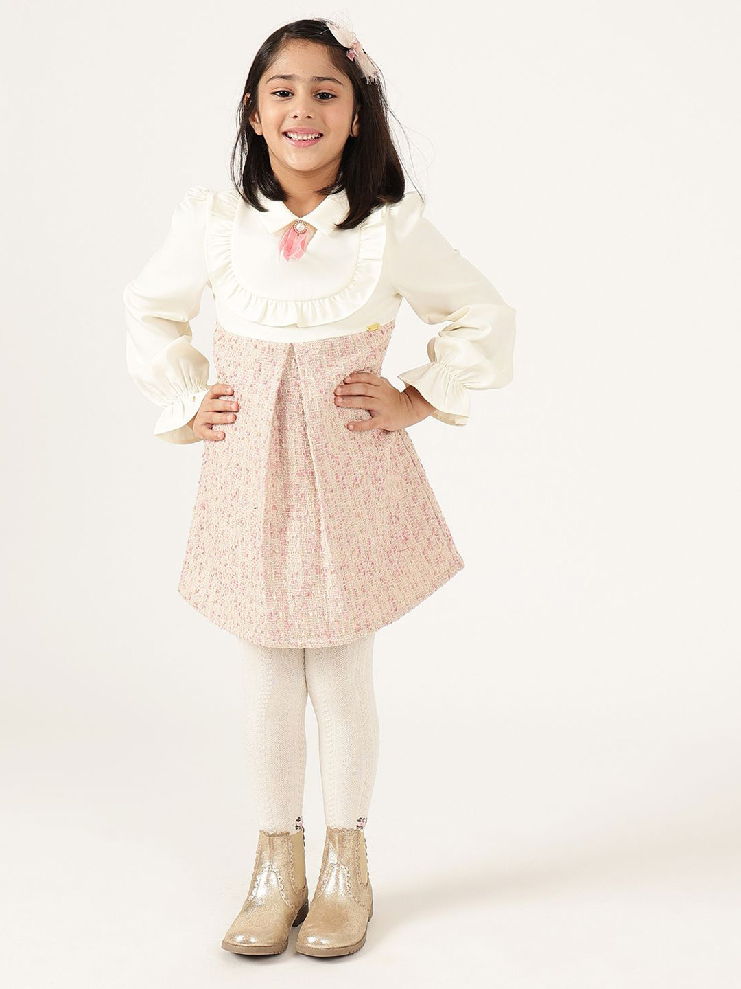 One Friday Girls Boucle Zip Round Neck Full Sleeve Fit and Flare Dress