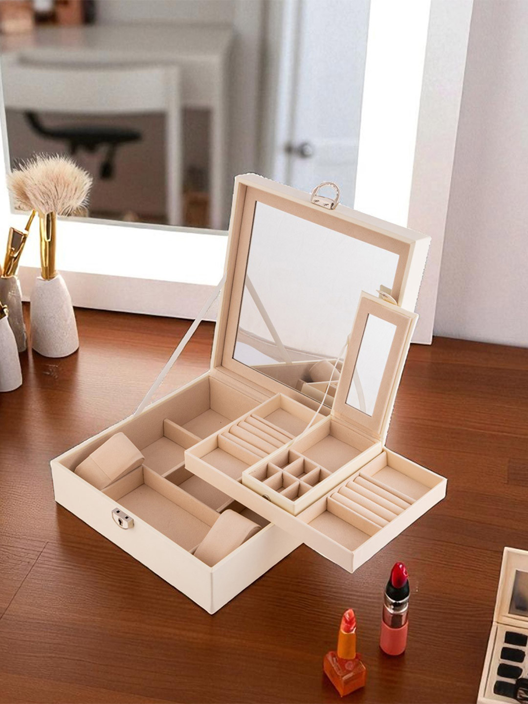 AARVI DECOR STUDIO White  Multi Compartment Faux Leather Mirror Jewellery Organisers