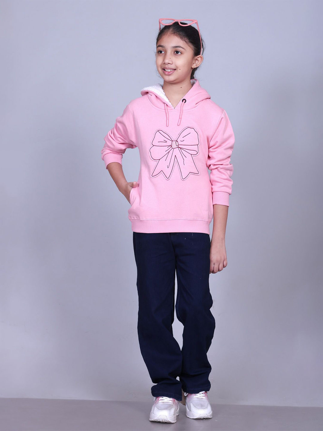 Come In Kids Girls Bow Embroidered Embellished Hooded Cotton Sweatshirt
