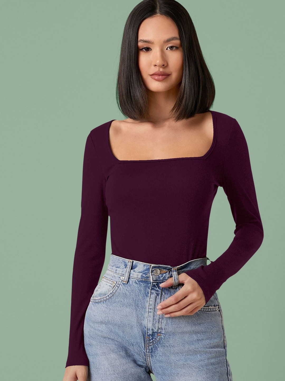Maheshvi Solid Square Neck Long Sleeves Top
