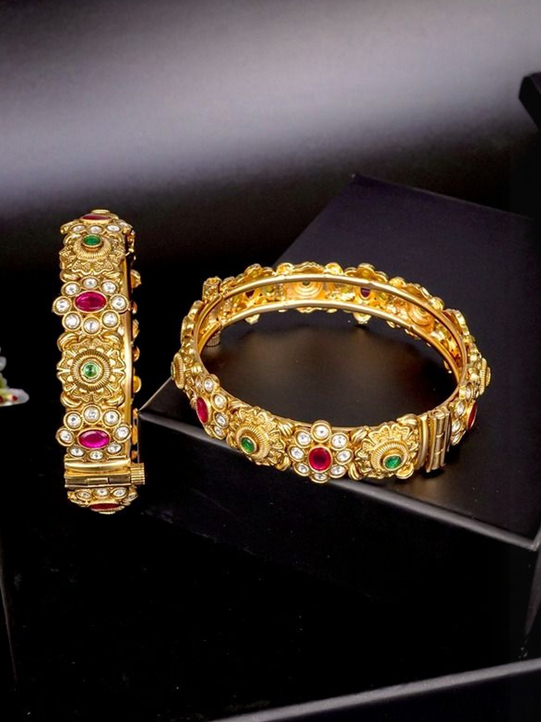 Richlook Set Of 2 Gold-Plated Kundan Stone Studded Floral Design Antique Bangles