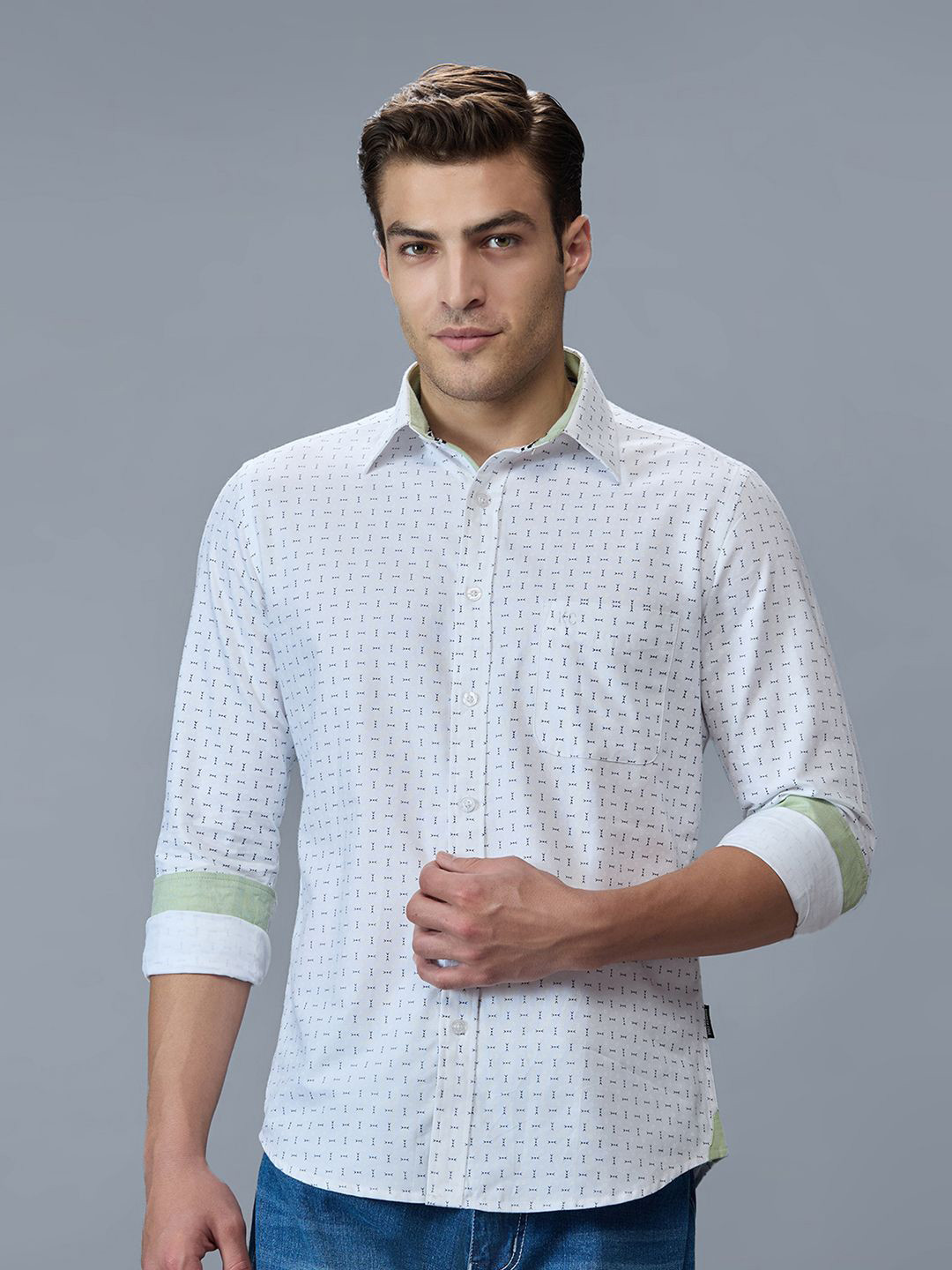 Kenneth Cole Men Premium Slim Fit Geometric Printed Long Sleeve Oxford Cotton Shirt