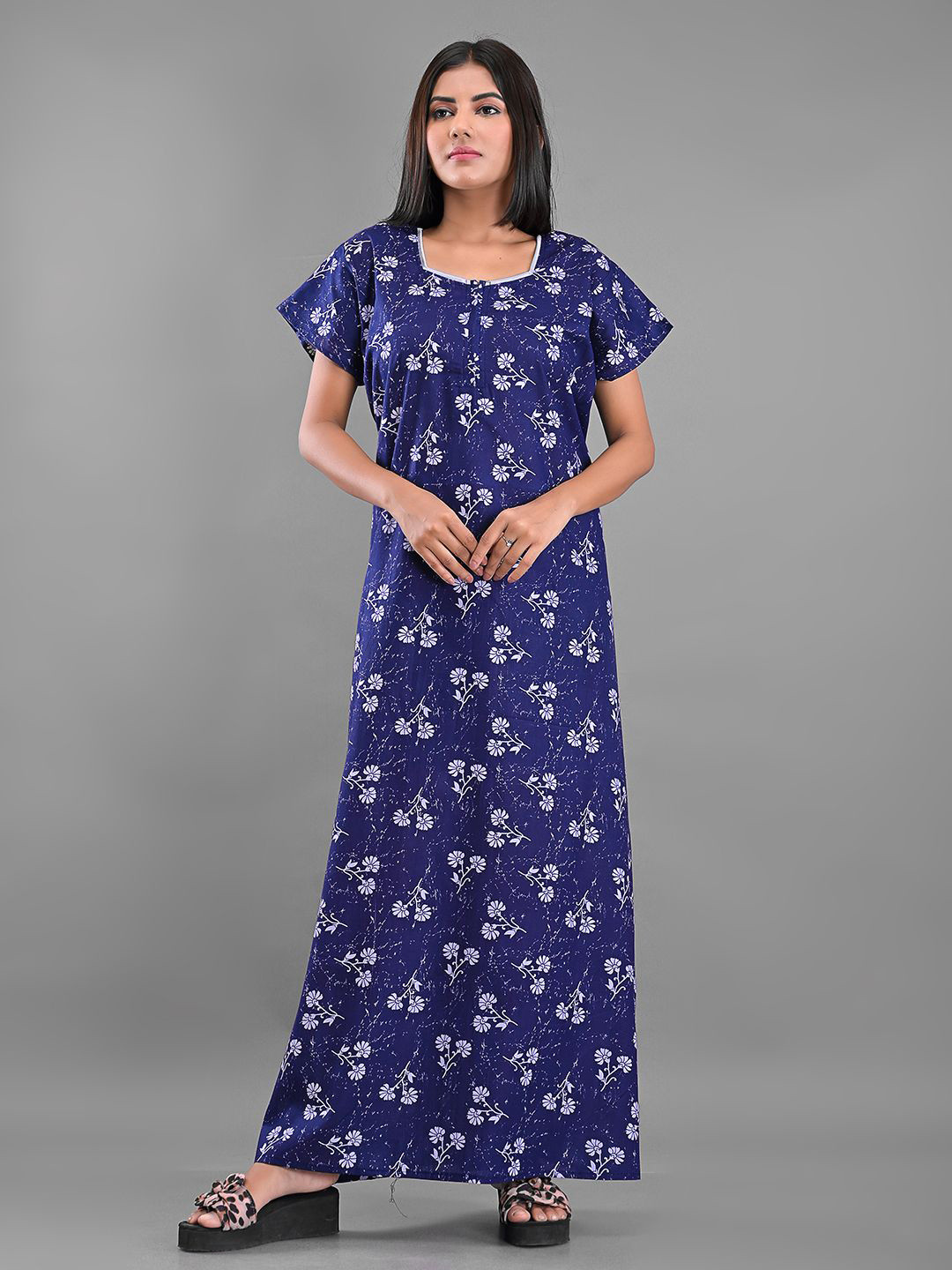 RajeRaj Women Printed Square Neck Short Sleeves Cotton Maxi Nightdress