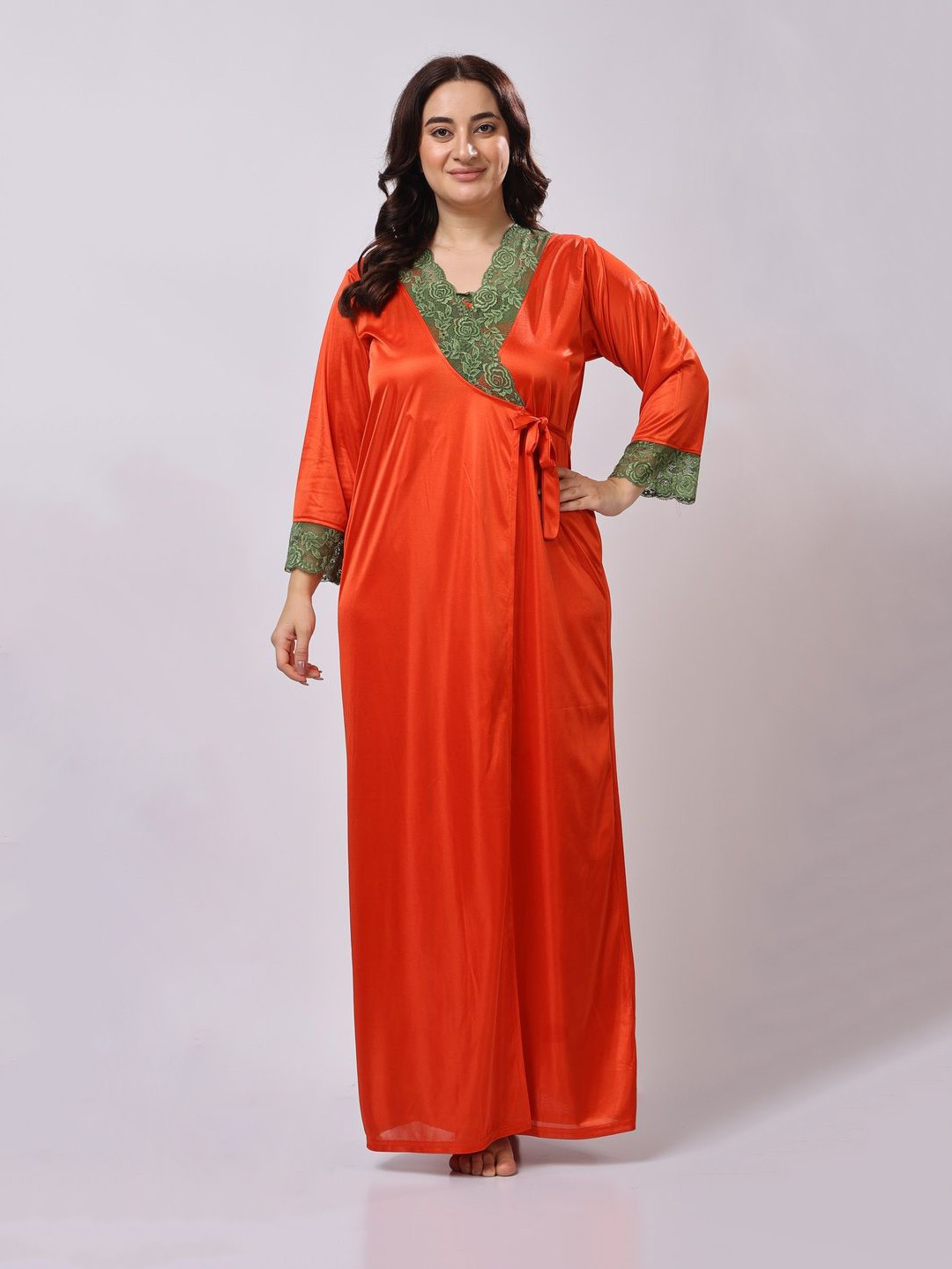 Thumka Women Long Sleeves Lace Maxi Nightdress