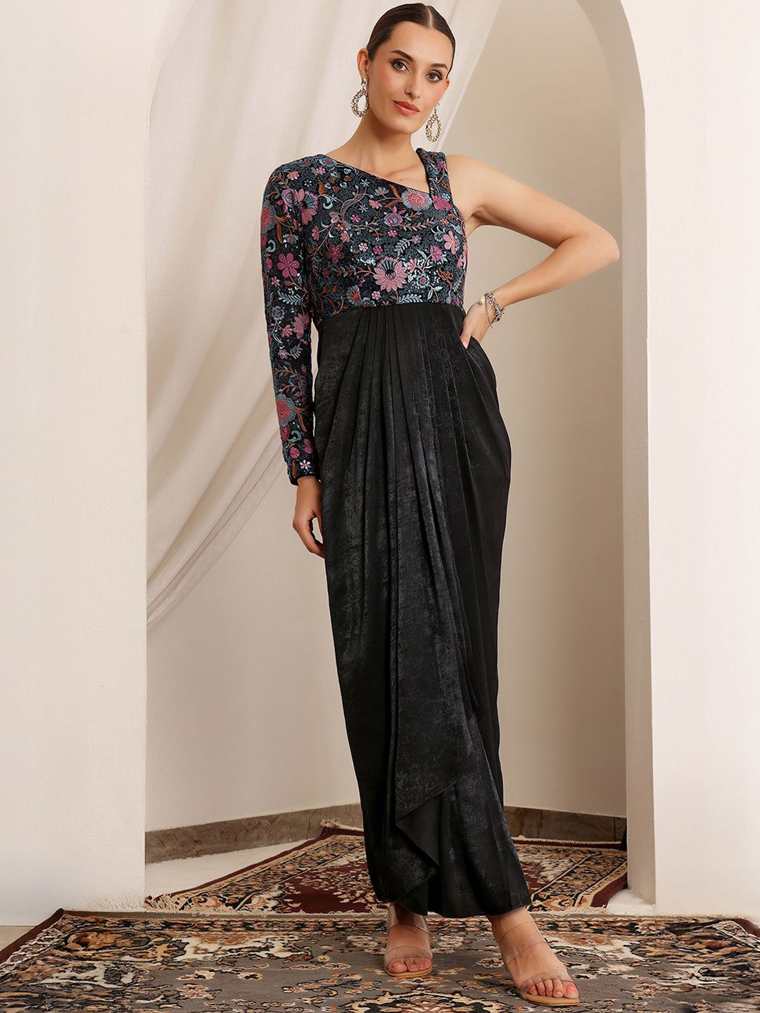 Miss Chase Women Luxe Embroidery One-Shoulder Satin Gown