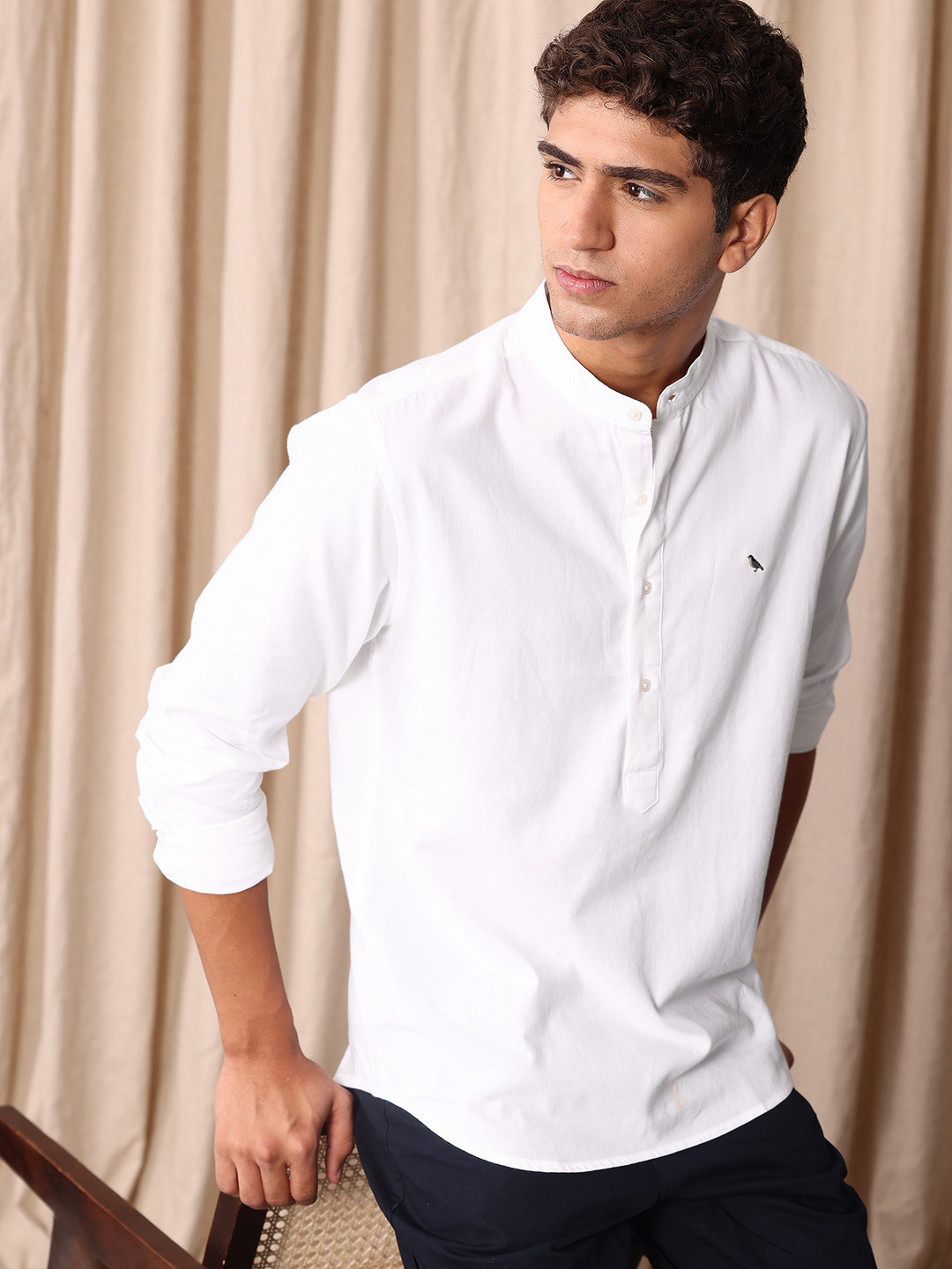 Mr Bowerbird Pure Cotton Band Collar Liberal Fit Casual Shirt