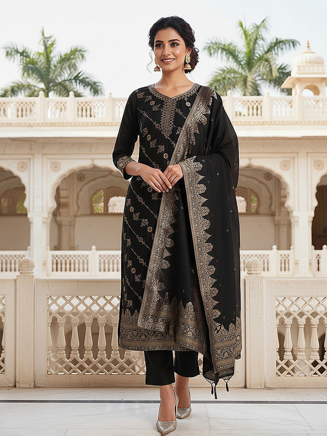 AHIKA Ethnic Woven Design Three-Quarter Sleeves Straight Kurta with Trousers & Dupatta