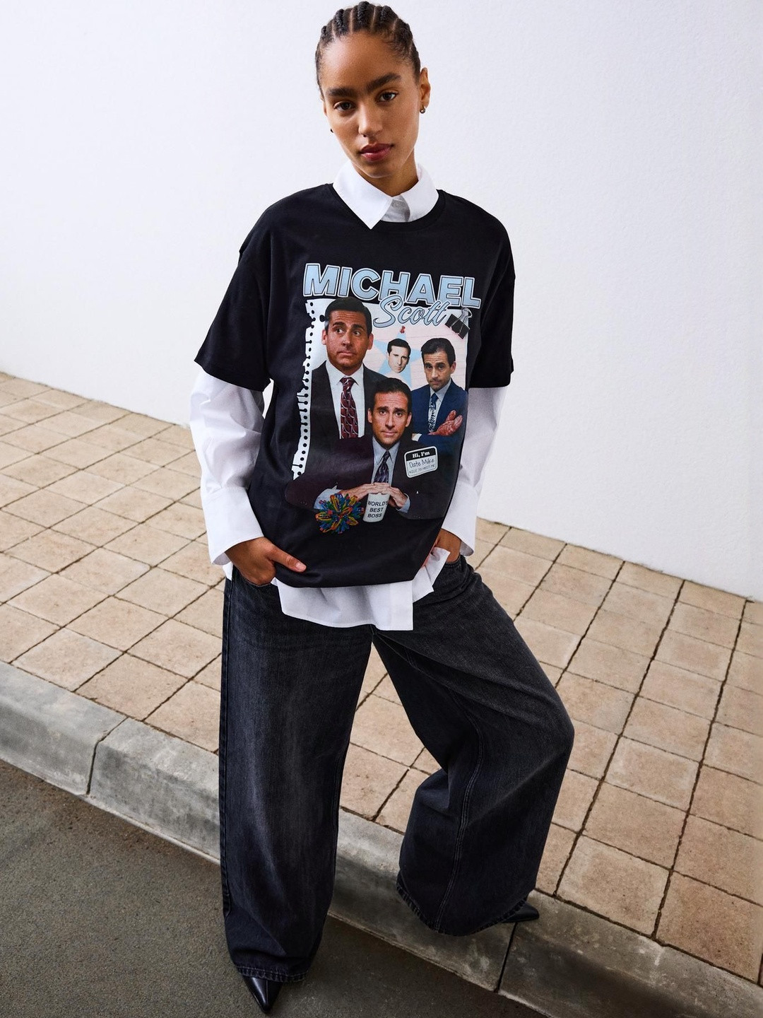 Bershka Graphic The Office Printed Drop-Shoulder Sleeves Cotton T-shirt