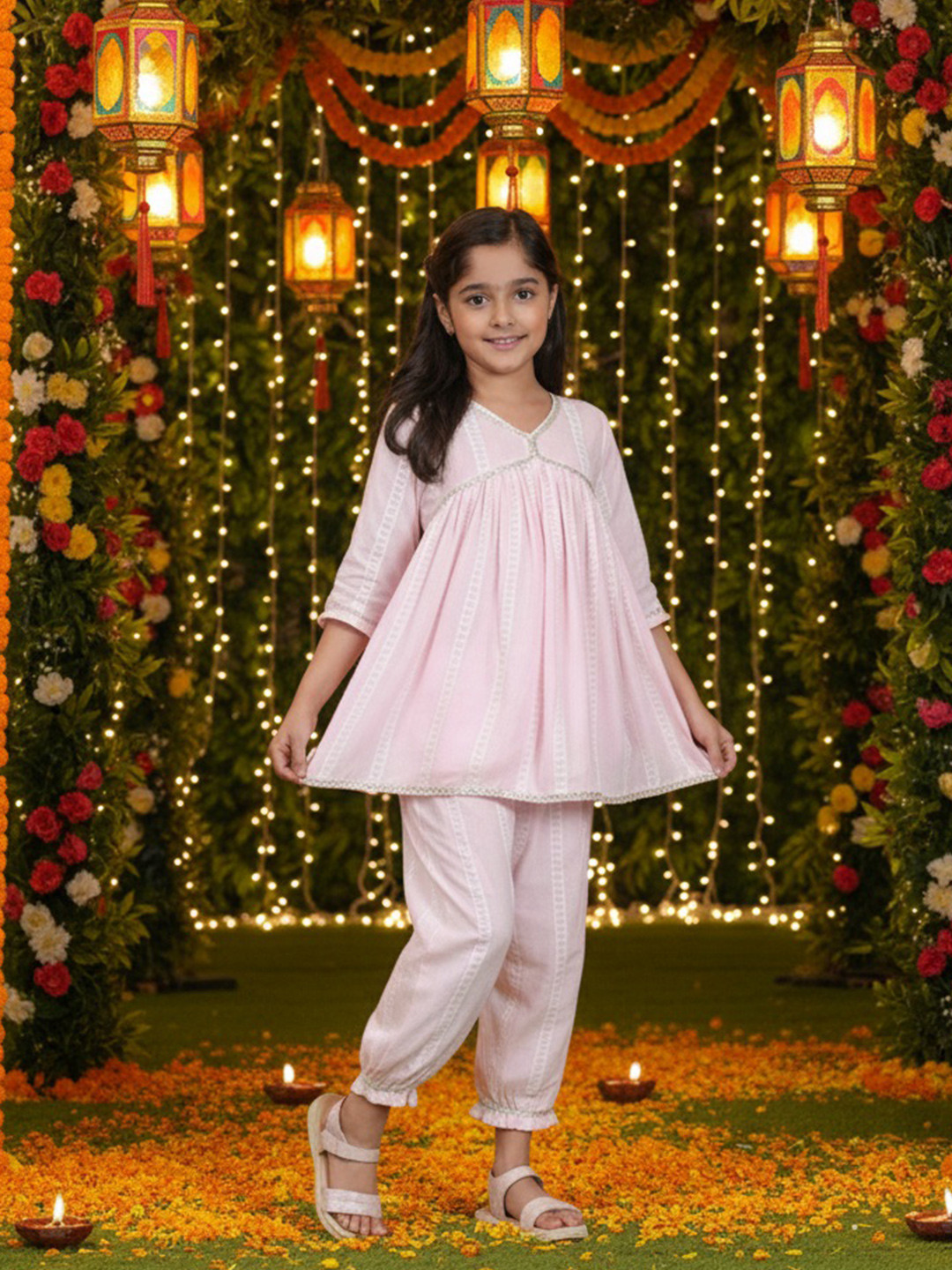 Maaesa Girls Printed Regular Pure Cotton Alia Kurta and Afghani Pants Set