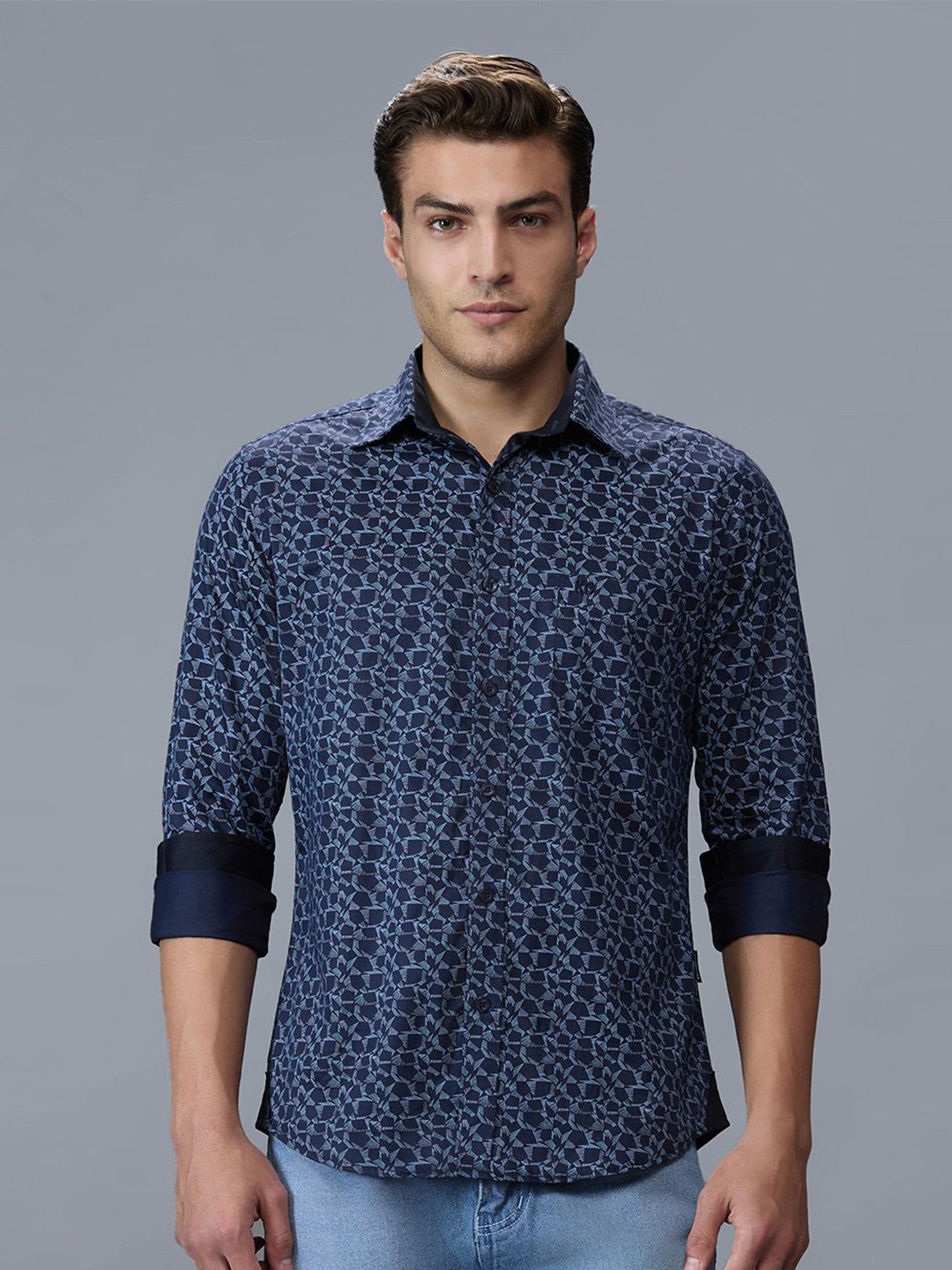Kenneth Cole Men Premium Slim Fit Geometric Printed Long Sleeve Casual Shirt