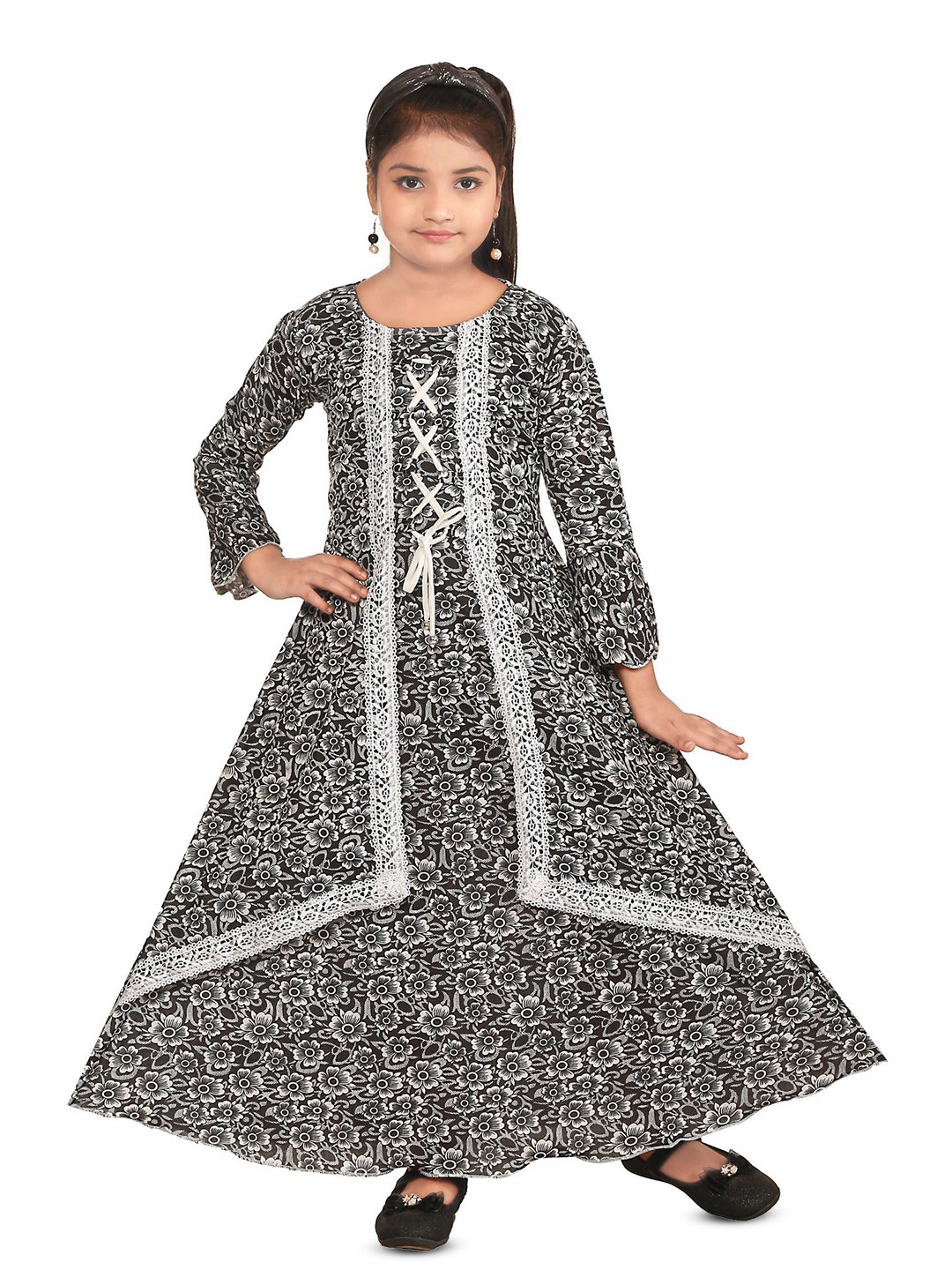 Nickys Disegno Girls Floral Printed Lace Inserts A-Line Maxi Dress