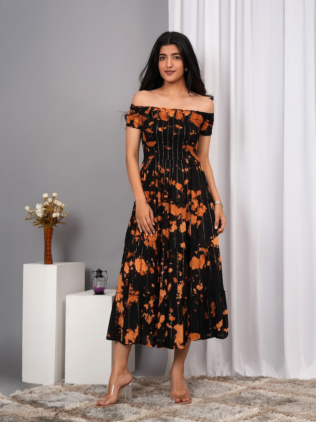 IQRAAR Women Tie and Dye Off-Shoulder Fit & Flare Midi Dress