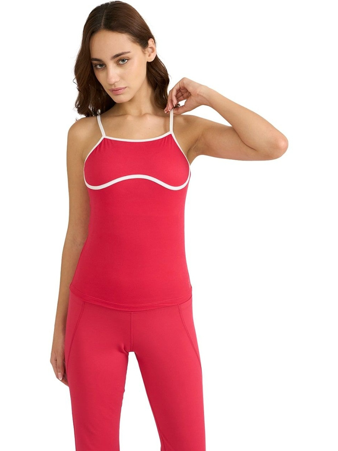 Hunnit Women Round Neck Stretchable Inbuilt Spaghetti Top with Padded Cups for Workout