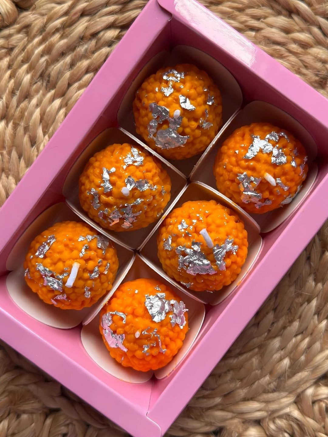 Euphoria Gifts Silver Toned & Orange 6 Pieces Laddu Shaped Scented Candles