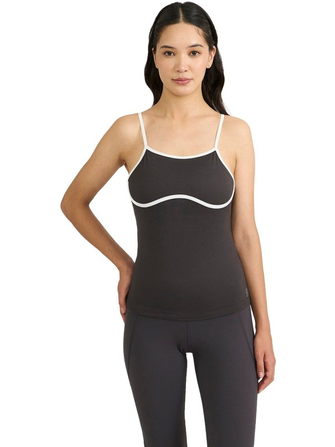 Hunnit Women Round Neck Stretchable Inbuilt Spaghetti Top with Padded Cups for Workout