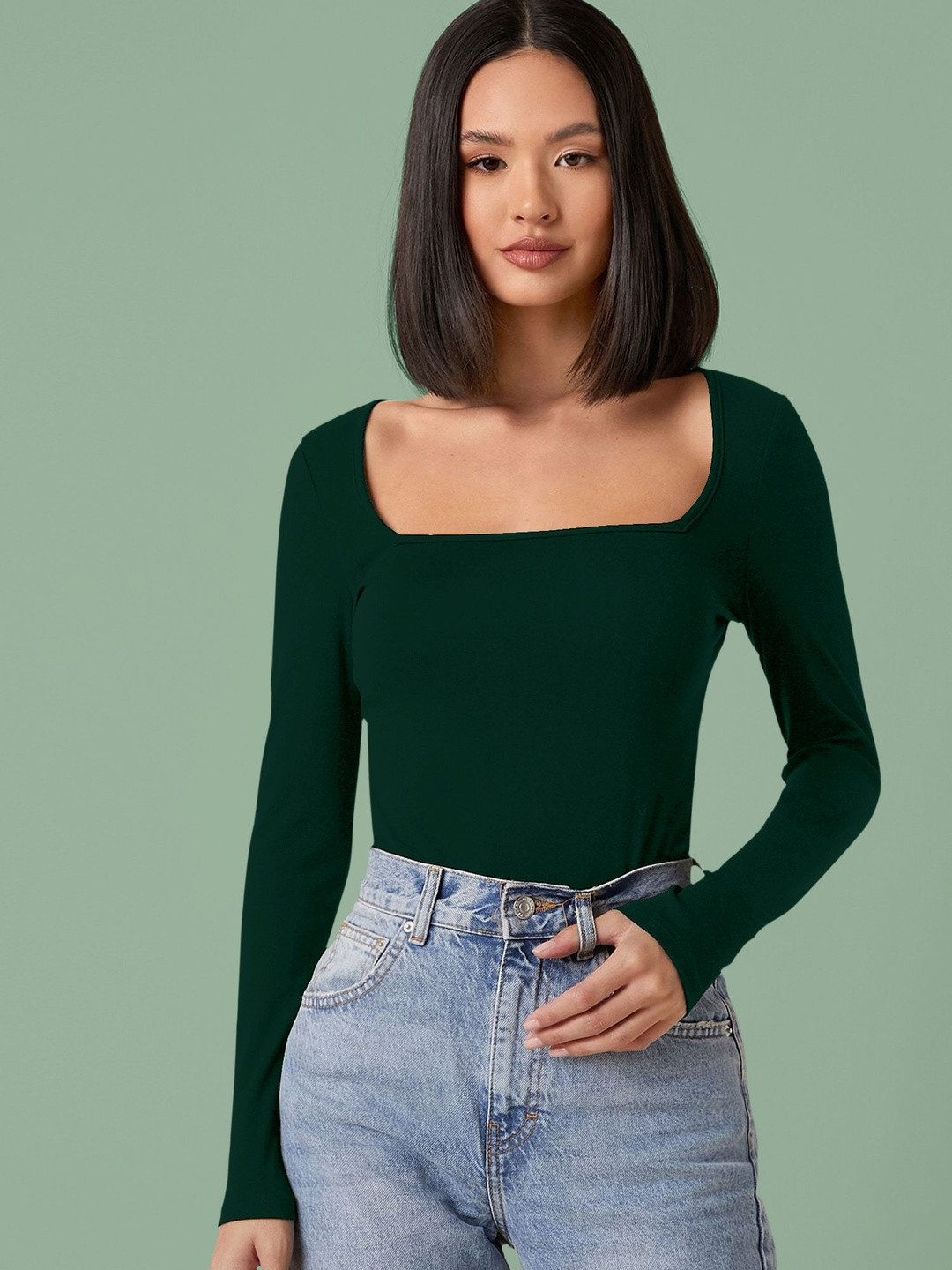 Maheshvi Top-1-Sakira-Green Women Square Neck Long Sleeves Fitted Top