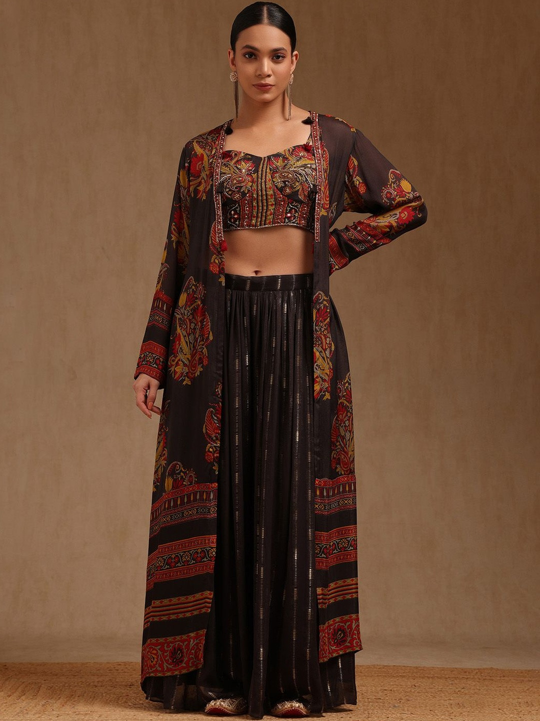 Soch Printed Chinon Shoulder Straps Top With Palazzo & Shrug