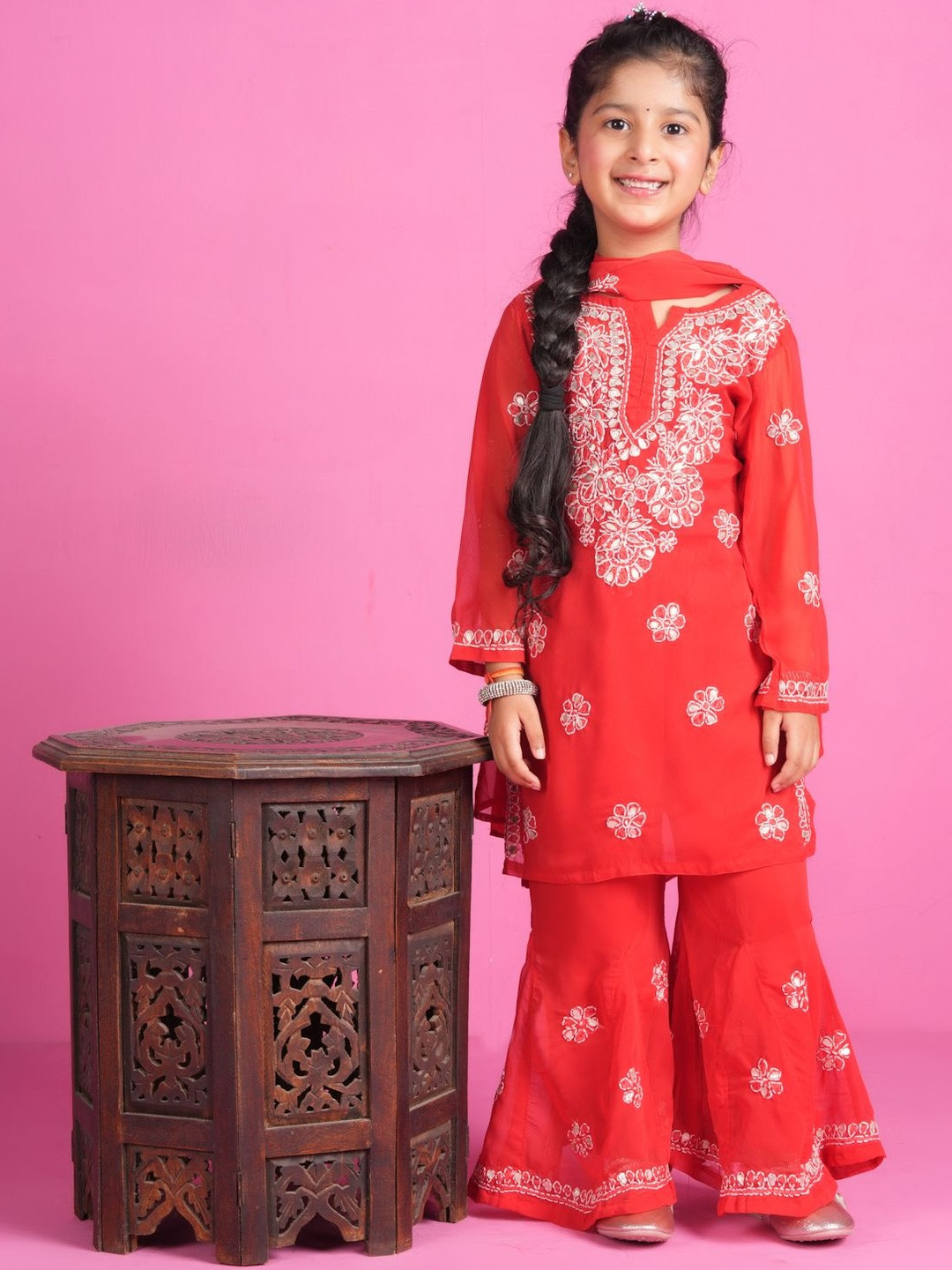 KHAKA Girls Floral Embroidered Regular Chikankari Kurta with Sharara & Dupatta