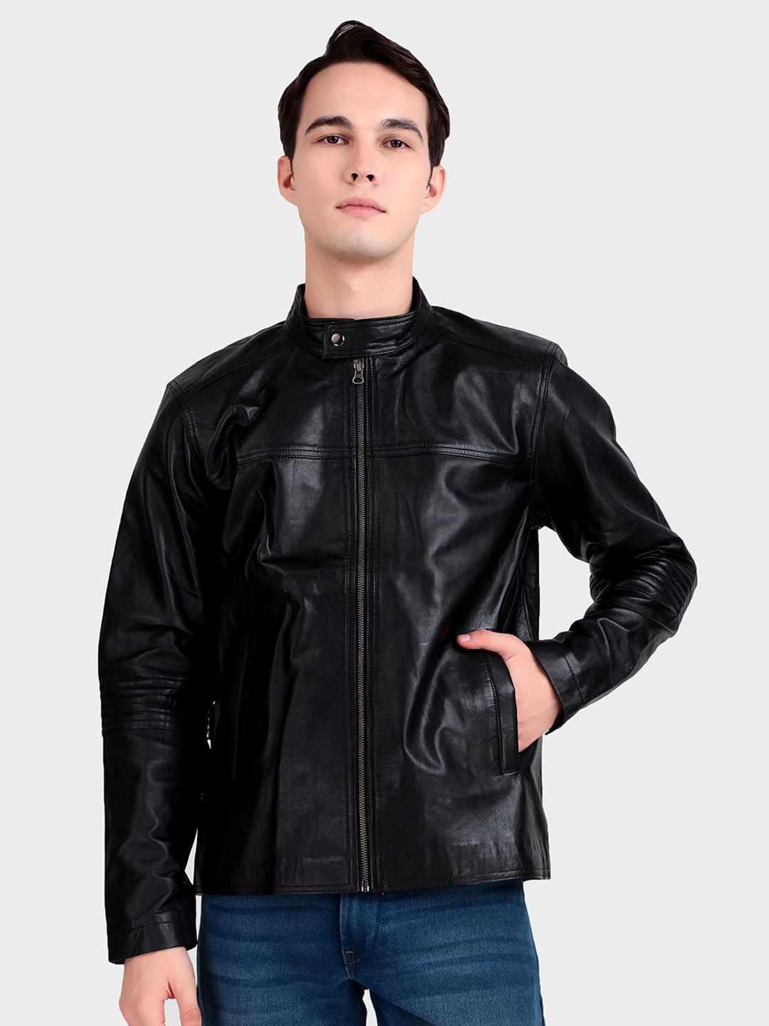 MaheTri Men Mandarin Collar Bomber Black Leather Jacket