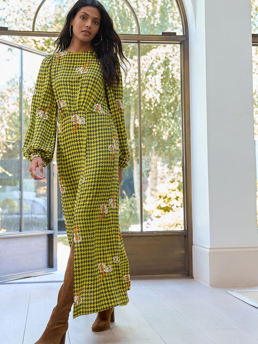 NEXT Checked Puff Sleeve Maxi Dress With Side Slit