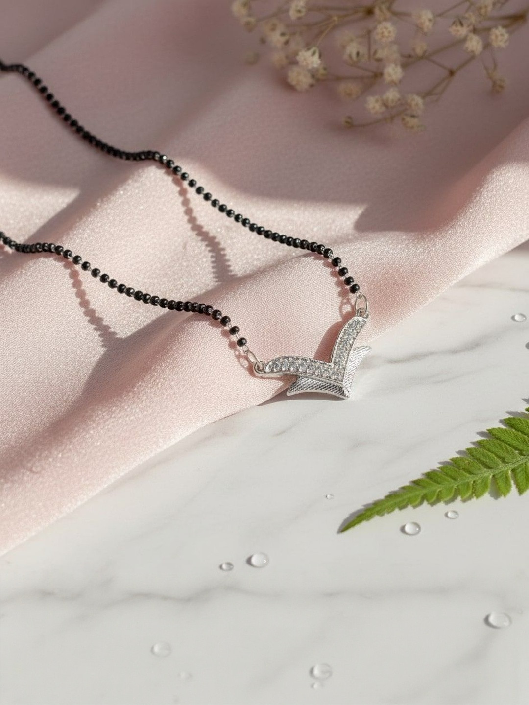 Opal Touch Rhodium-Plated Artificial Stones and Beads Mangalsutra