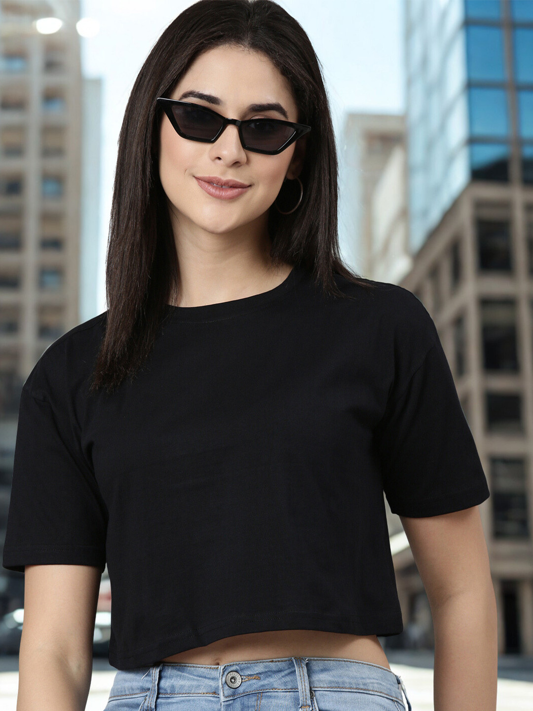 Kryptic Women Solid Drop-Shoulder Sleeves Pure Cotton Oversized Cropped T-shirt