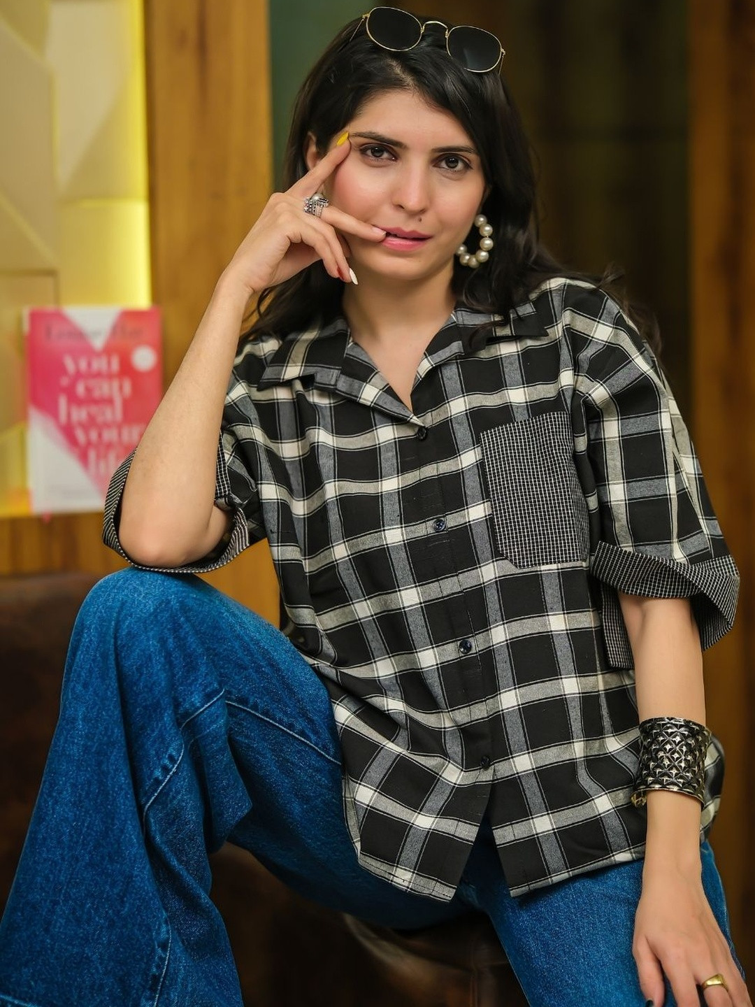 Youthnic Women's Checked Printed Relaxed Fit Pocket Boxy Shirt Style Top