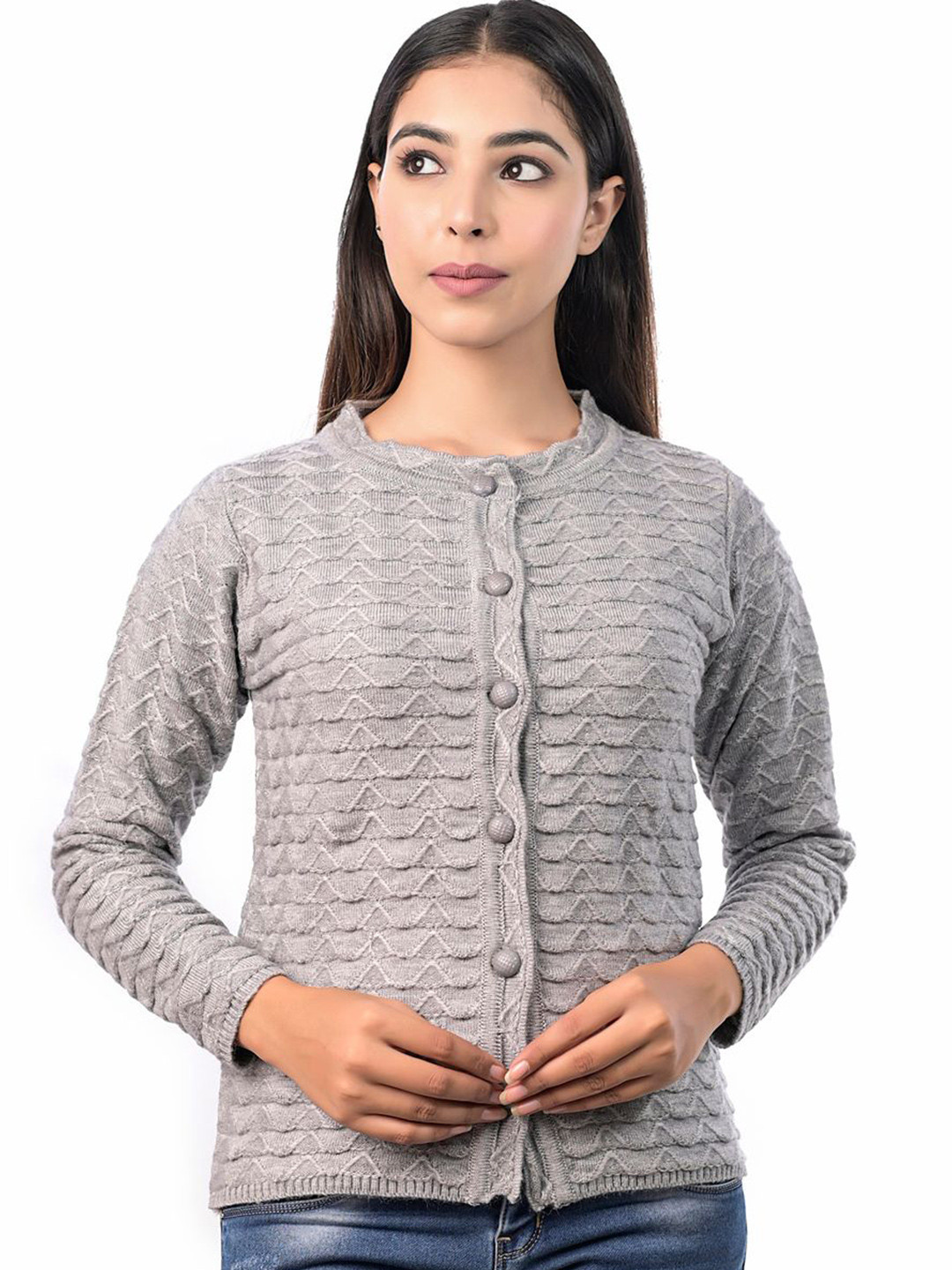Varenyam Women Grey Round Neck Woolen Cardigan